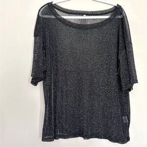 Elegant Women’s Black Short Sleeve Sheer Lurex Silver Top